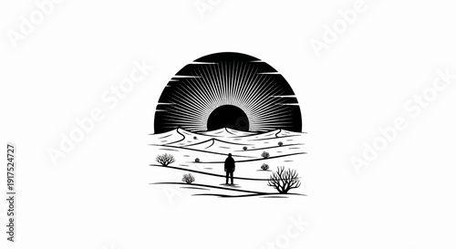 Lone figure stands in vast desert under radiant sunburst emblem