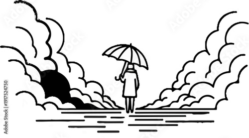 Lone figure under umbrella amidst swirling mist and dark obscured sun