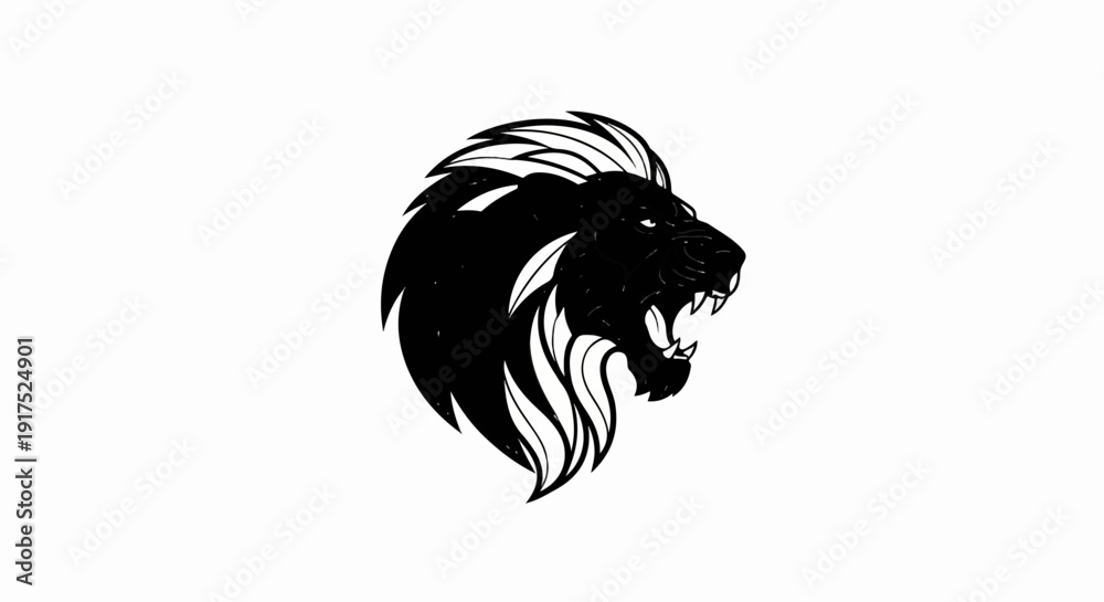 Fototapeta premium Fierce black lion head with roaring expression, mane in stylized white strokes