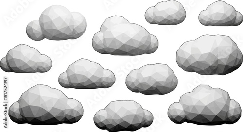 Low-poly geometric clouds rendered in grayscale with subtle shading