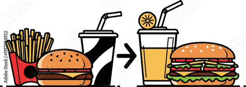 Illustration of a fast food meal transforming into a healthier option