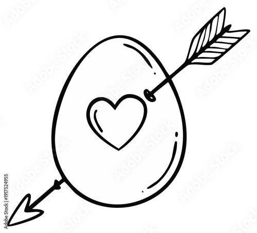 Hand drawn heart on egg pierced by cupid arrow symbol of love romance and emotion