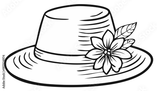 Elegant vintage summer hat adorned with a delicate flower and leaves illustration