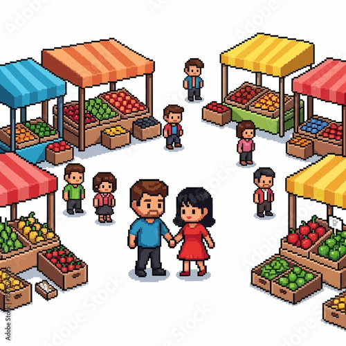 People shop at outdoor stalls filled with colorful fruits and vegetables.