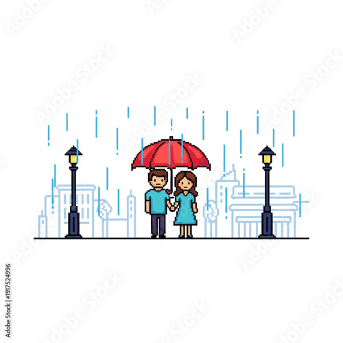 Couple sharing an umbrella in the rain with streetlights and city buildings.
