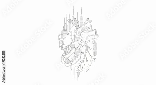Intricate, stylized heart fused with abstract mechanical cityscape elements