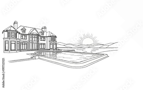 Luxurious estate with pool and scenic sunrise over water and mountains