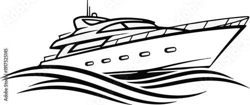 Luxurious yacht sailing on wavy waters in a simple line art illustration