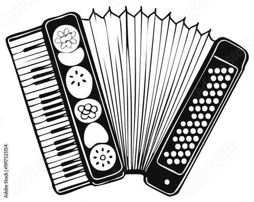 Vintage accordion musical instrument illustration with keyboard and bellows