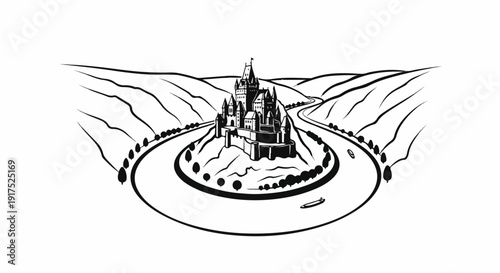 Majestic castle perched on a hill overlooking a winding river and rolling hills