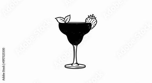Hand-drawn illustration of a dark cocktail in a margarita glass with fruit