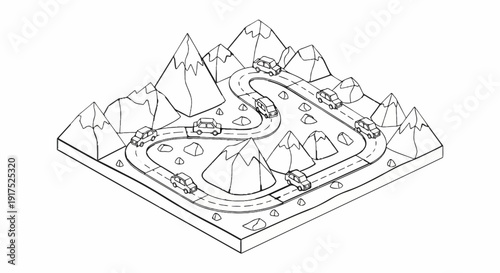 Isometric drawing of cars driving on winding mountain roads