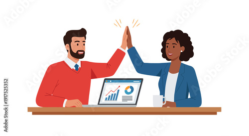Business Team Success High Five – Office Collaboration and Online Growth Flat Vector Illustration