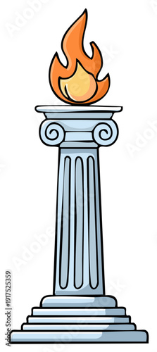 Cartoon Olympic Torch on Stone Column Flame Orange Vector Graphic Design