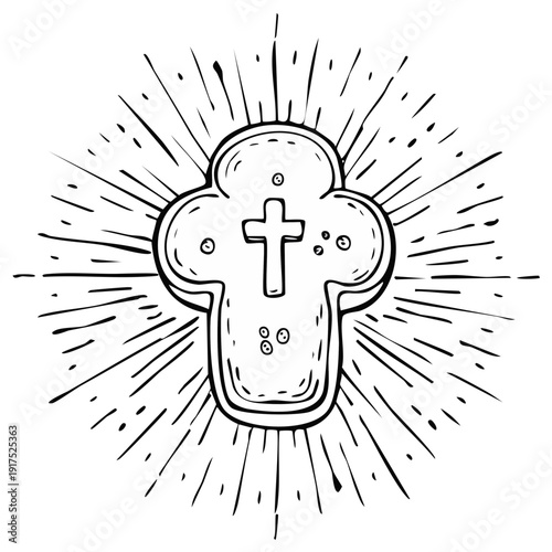 Hand Drawn Cross Shaped Cookie with Radiant Rays Symbolizing Faith and Celebration