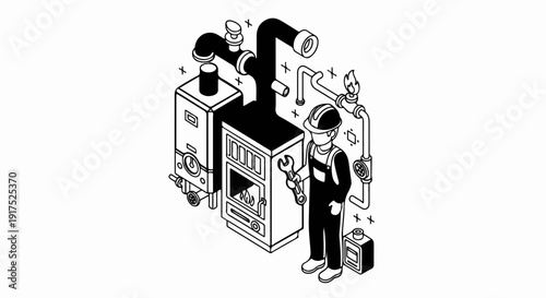 Isometric illustration of a plumber working on heating system with boiler and stove