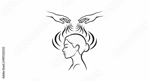 Gentle hands above serene head, conveying energy or calm in linework