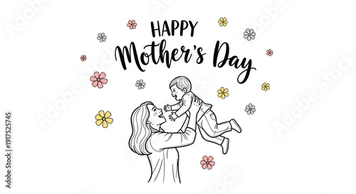 Mother's Day greeting card template with mother and child illustration, floral design elements.