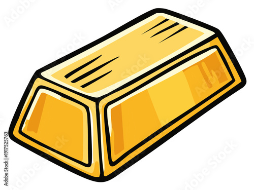 Cartoon Style Illustration of a Shiny Gold Bar, Precious Metal Symbol of Wealth and Treasure, Financial Investment and Gold Reserves.