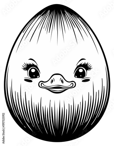 Whimsical Egg Character with Cute Duck Face and Whiskers, Stylized Line Art Illustration