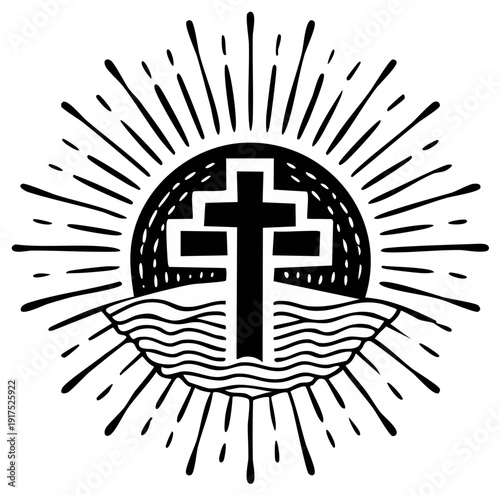 Christian cross symbol with sunburst and water wave design