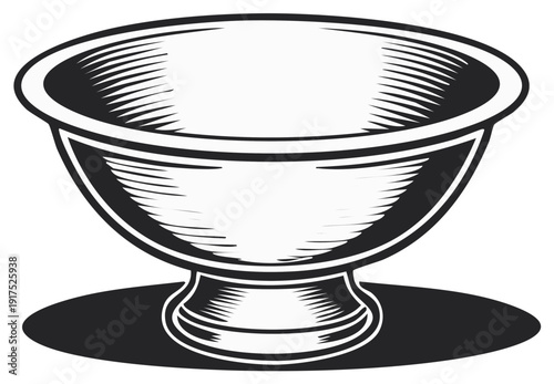 Illustration of a shiny metal bowl on a pedestal, side view