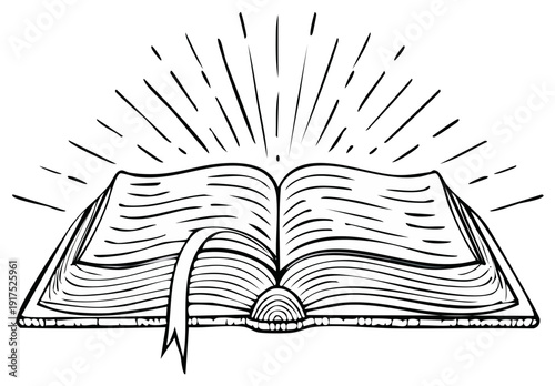 Open Book with Radiant Light Rays Drawing