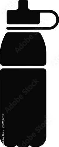 Black silhouette of a reusable sports water bottle icon for fitness hydration wellness gym exercise and plastic liquid container equipment.