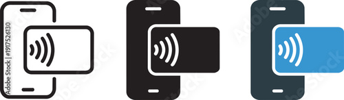 Contactless payment icon set phone and card outline solid blue variations
