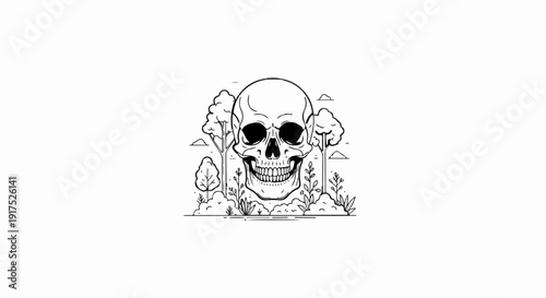 Minimalist line art of a grinning skull in a forest clearing