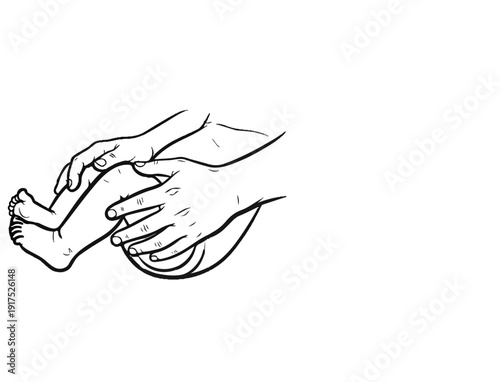 Gentle hands support a child's leg with toes visible