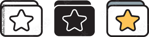 Favorite folder icon set featuring star symbol in outline silhouette and color filled versions