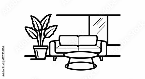 Minimalist line art of a living room interior with a potted plant, sofa, and coffee table