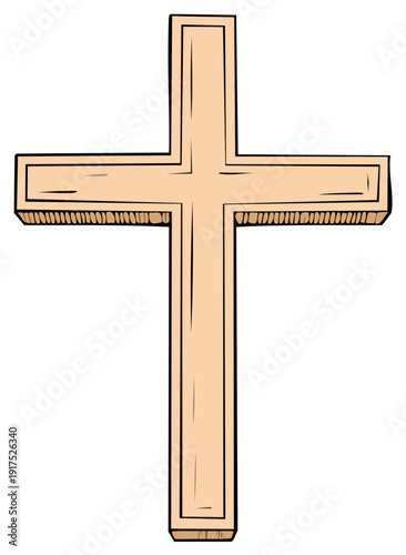 Simple wooden Christian cross symbol with a clean outline and artistic shading