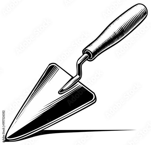 Detailed illustration of a trowel, construction and gardening tool in black and white.