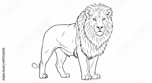 Majestic male lion standing proudly, rendered in a simple black and white outline