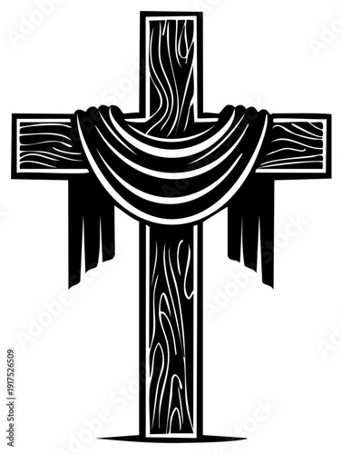 Wood Cross Draped Cloth. Religious Symbol. Christian Belief, Prayer, Church Decoration