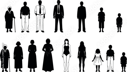 Family Generations Vector Silhouettes Set Featuring Men Women Children and Elderly People Icons for Design Projects