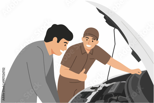 Two smiling men, a mechanic and a customer, inspecting a car engine with the hood open, discussing vehicle repair.