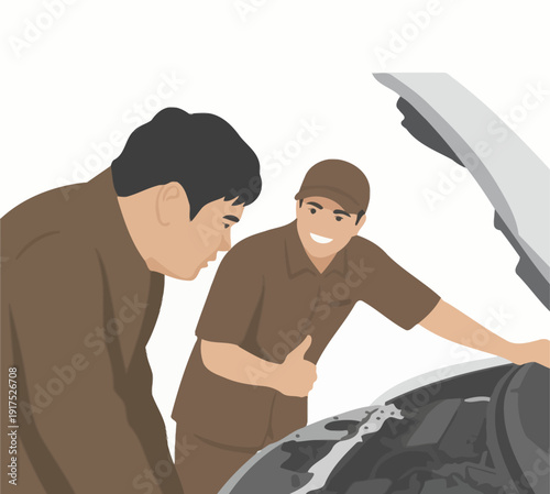 Two men, one a mechanic, inspecting a car engine with the hood open, discussing vehicle repair.