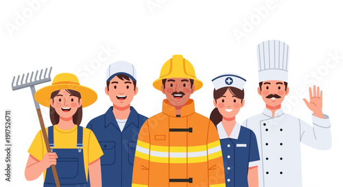 Diverse group of smiling cartoon people representing various essential professions like farmer, worker, firefighter, nurse, and chef.