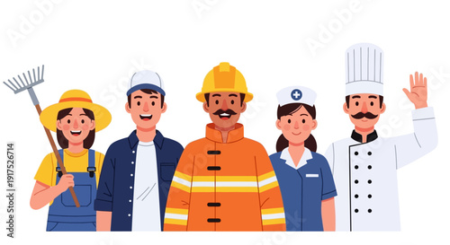 Five diverse people representing various essential professions like farmer, worker, firefighter, nurse, and chef, standing together.