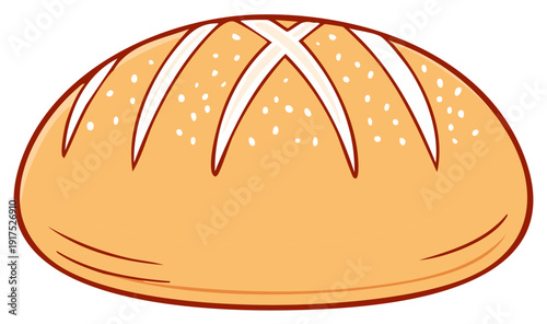 Cartoon illustration of a loaf of bread, baked bread with cross marks on top