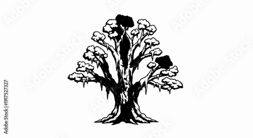 Gnarled, ancient tree with dark, sprawling branches laden with moss