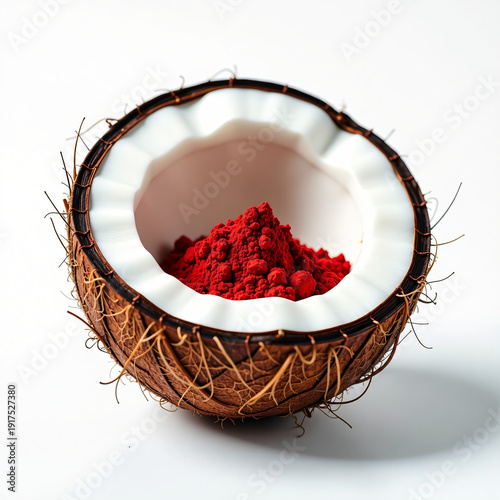 A split open coconut with a vibrant red fruit inside on a white background