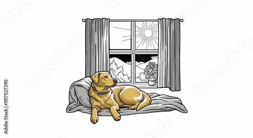 Golden retriever dog relaxes on a blanket by a sunlit window overlooking hills