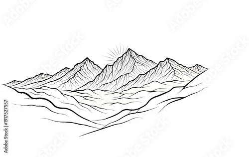 Ink sketch of a majestic mountain range with a radiant sunburst peaking over the highest peak