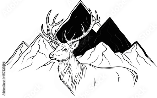 Majestic stag with elaborate antlers stands before rugged, snow-capped mountains
