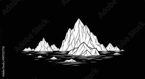 Jagged white icebergs float on dark rippling water under a black sky