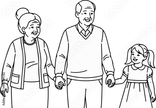 Intergenerational family holding hands, smiling contentedly